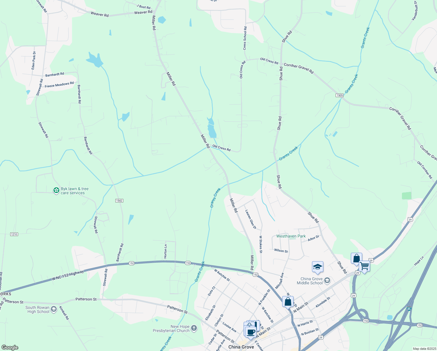 map of restaurants, bars, coffee shops, grocery stores, and more near 1030 Miller Rd in China Grove