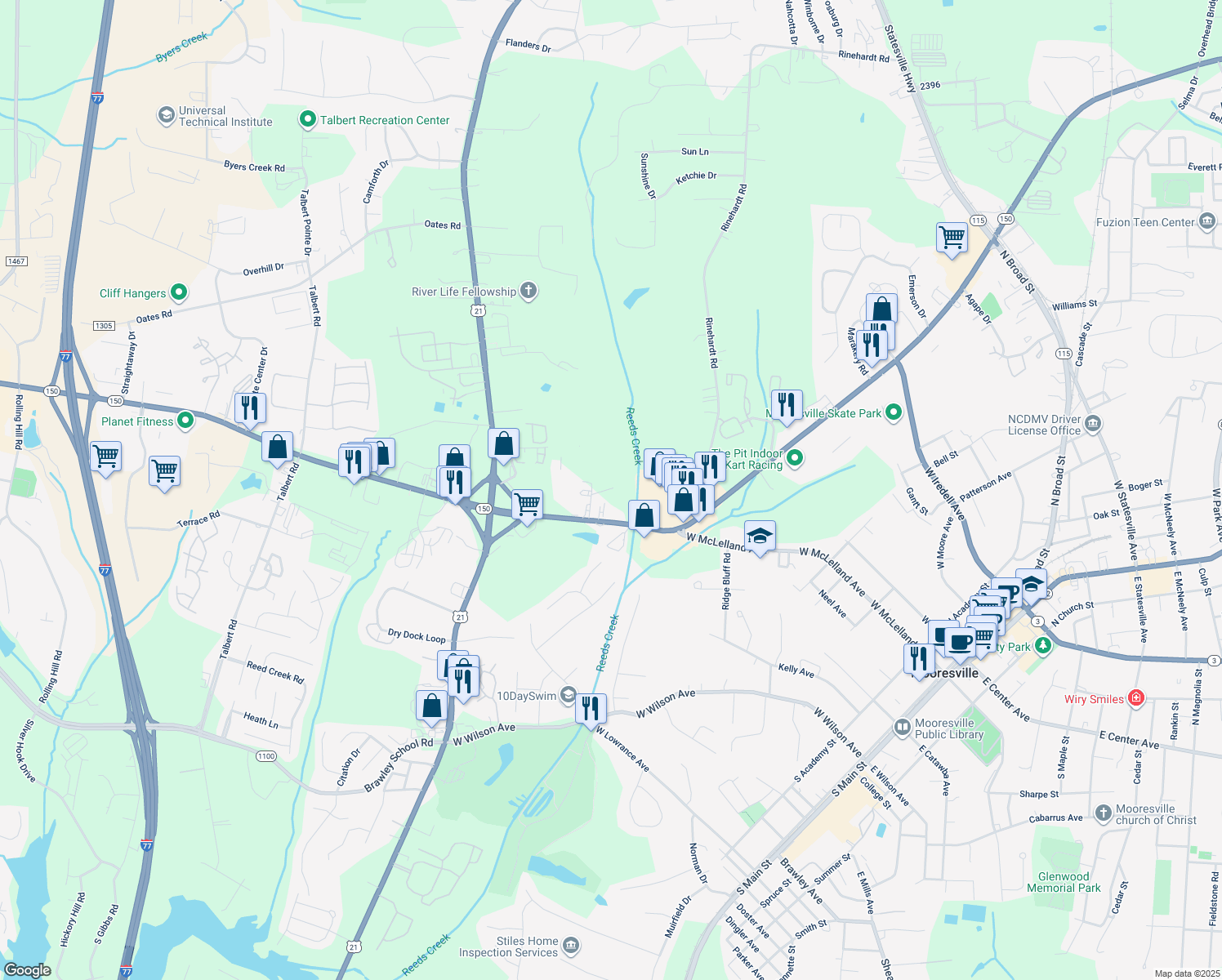 map of restaurants, bars, coffee shops, grocery stores, and more near 118 Loc Doc Place in Mooresville