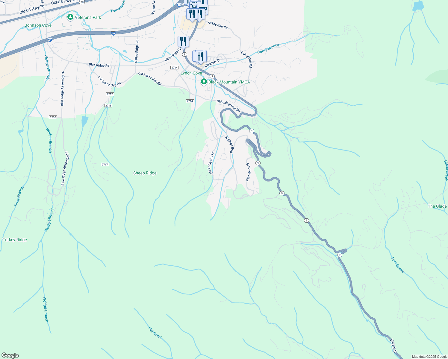 map of restaurants, bars, coffee shops, grocery stores, and more near 97 Old Lafayette Lane in Black Mountain