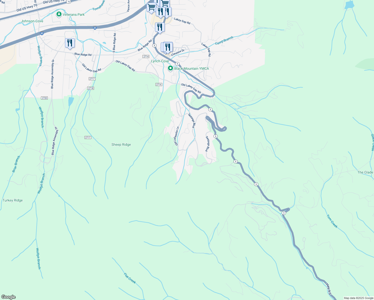 map of restaurants, bars, coffee shops, grocery stores, and more near 97 Old Lafayette Lane in Black Mountain