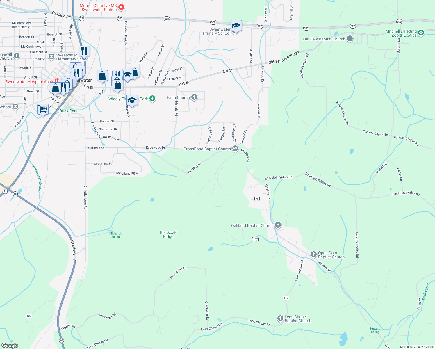map of restaurants, bars, coffee shops, grocery stores, and more near 147 Veterans Road in Sweetwater