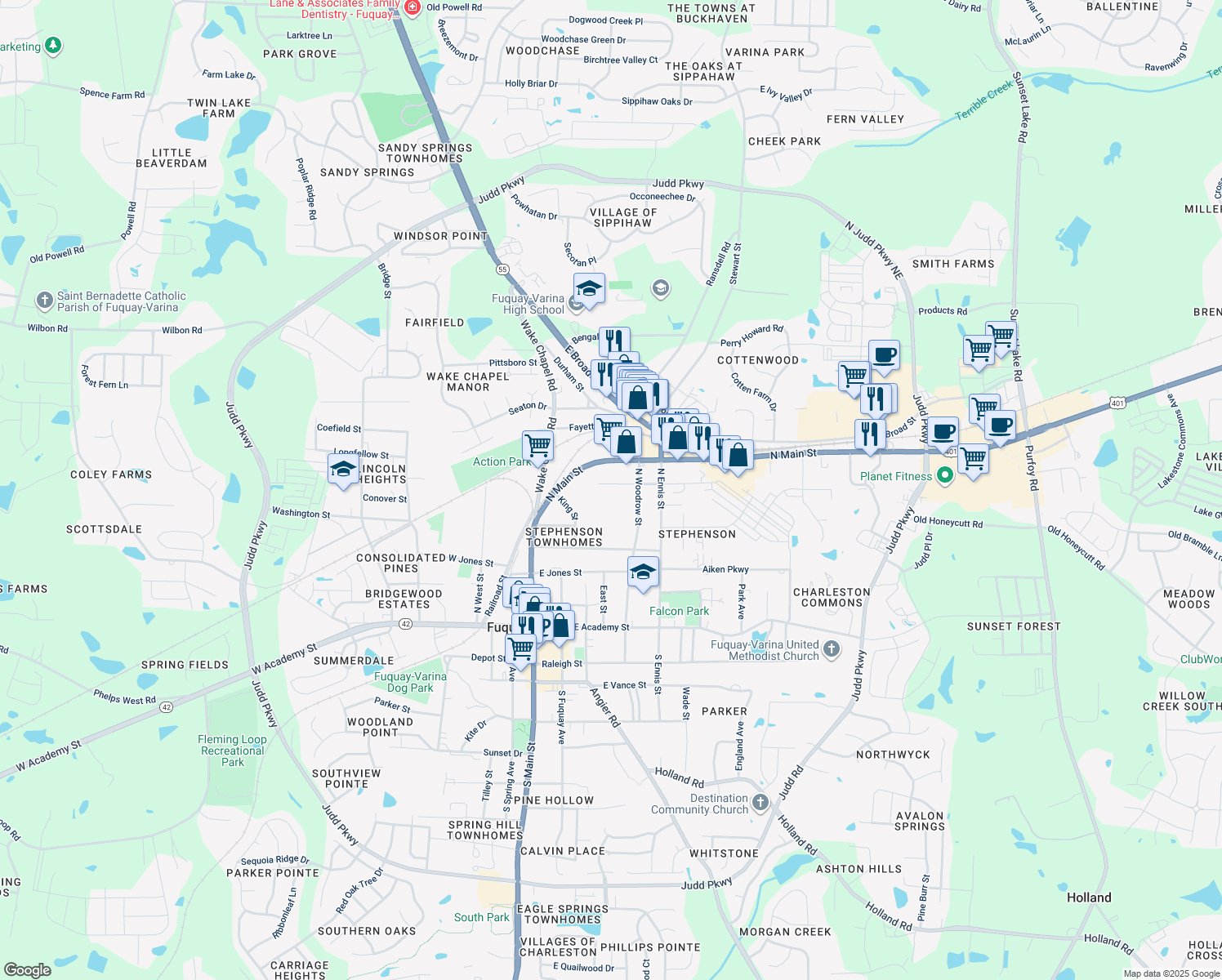 map of restaurants, bars, coffee shops, grocery stores, and more near 501 Faucette Street in Fuquay-Varina