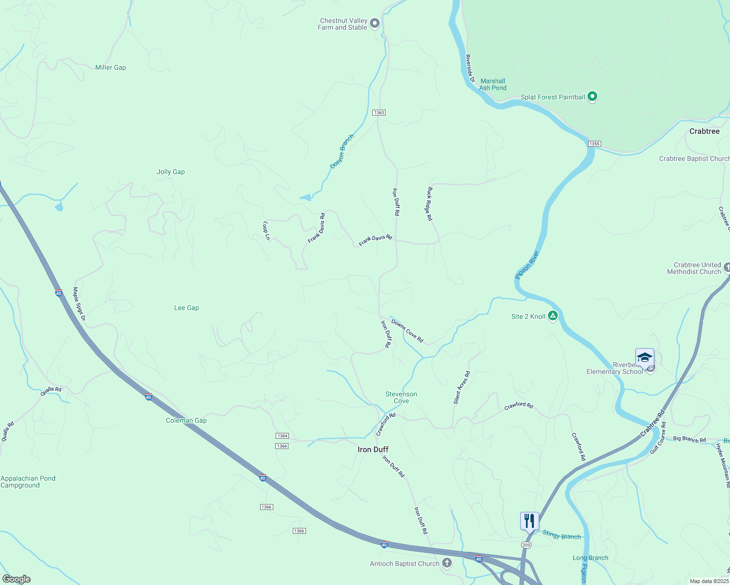 map of restaurants, bars, coffee shops, grocery stores, and more near 65 Cansadie Top Road in Waynesville