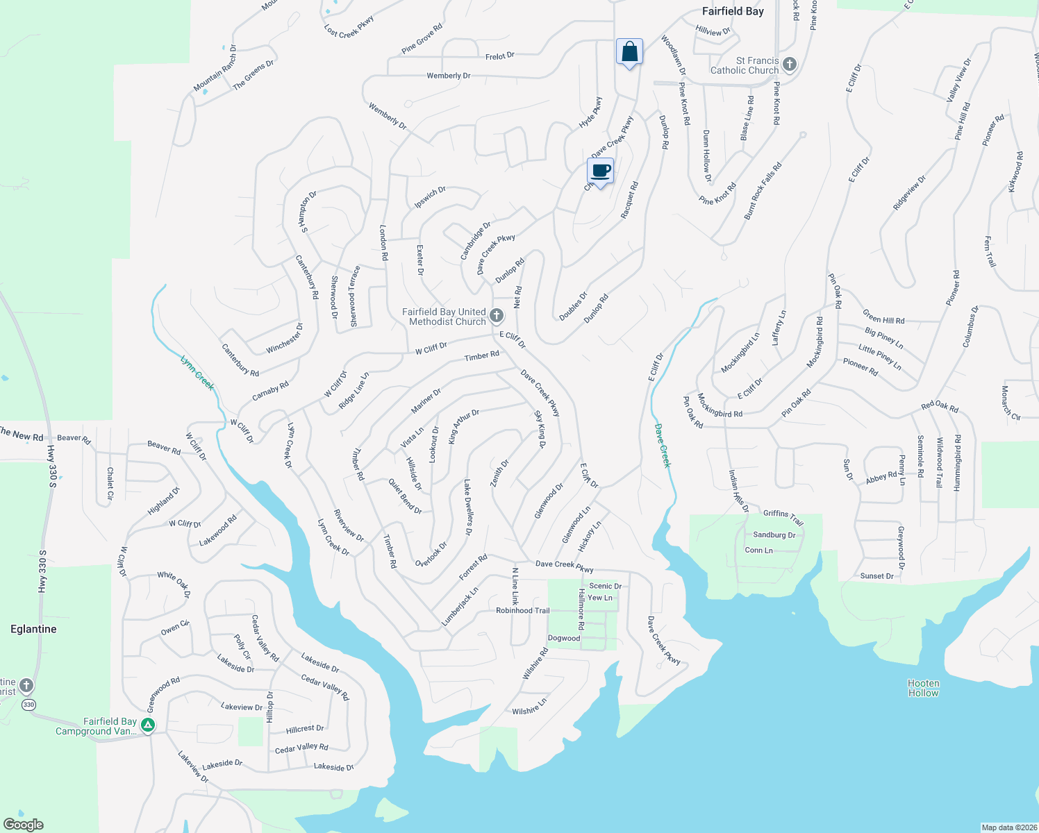 map of restaurants, bars, coffee shops, grocery stores, and more near 109 Kings Place in Fairfield Bay