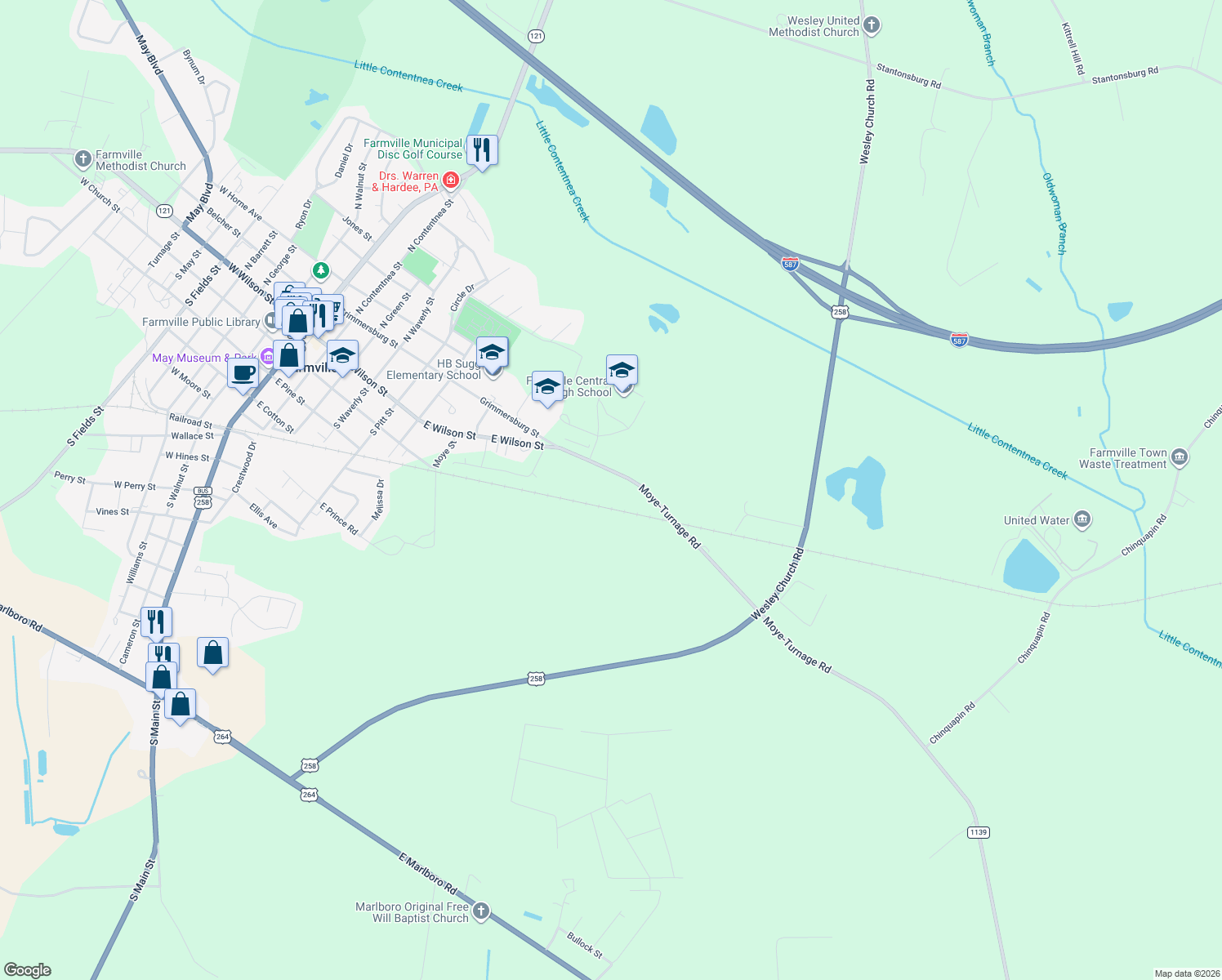 map of restaurants, bars, coffee shops, grocery stores, and more near 3278 Moye-Turnage Rd in Farmville