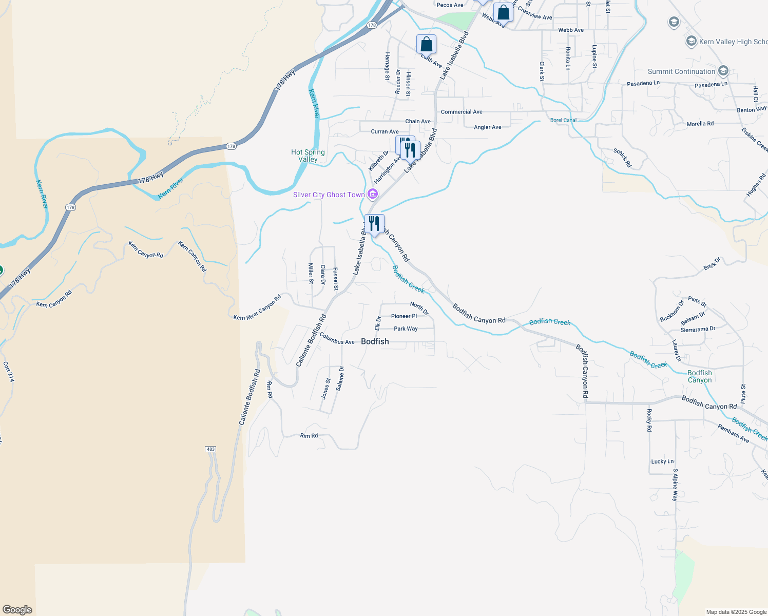 map of restaurants, bars, coffee shops, grocery stores, and more near 0 North Drive in Bodfish