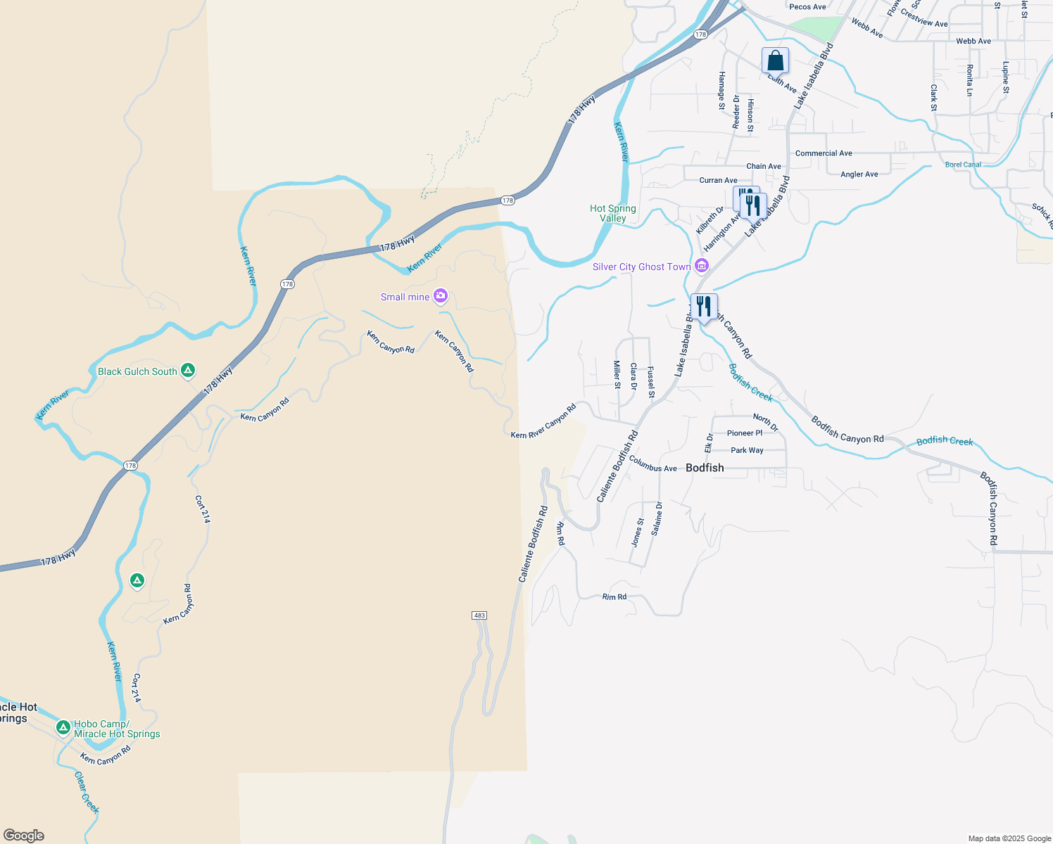 map of restaurants, bars, coffee shops, grocery stores, and more near 2835 Kern River Canyon Road in Bodfish