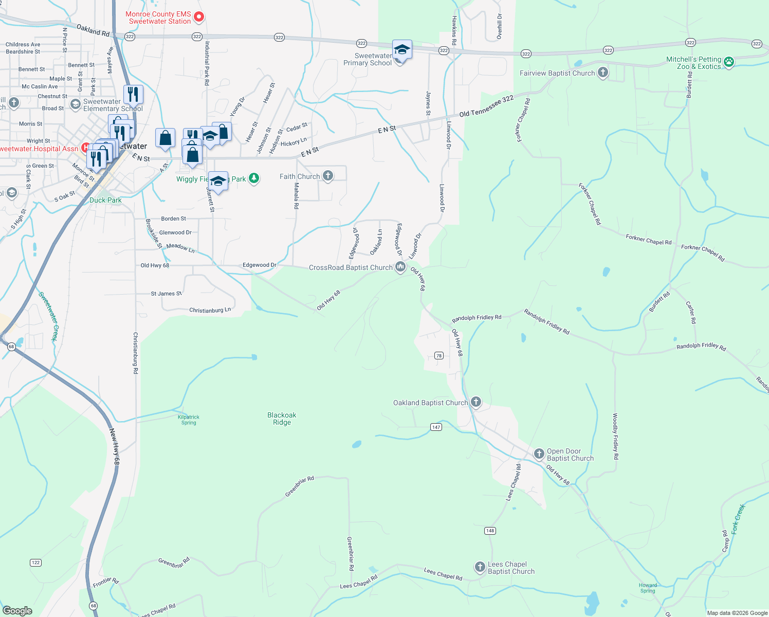 map of restaurants, bars, coffee shops, grocery stores, and more near 147 Veterans Road in Sweetwater