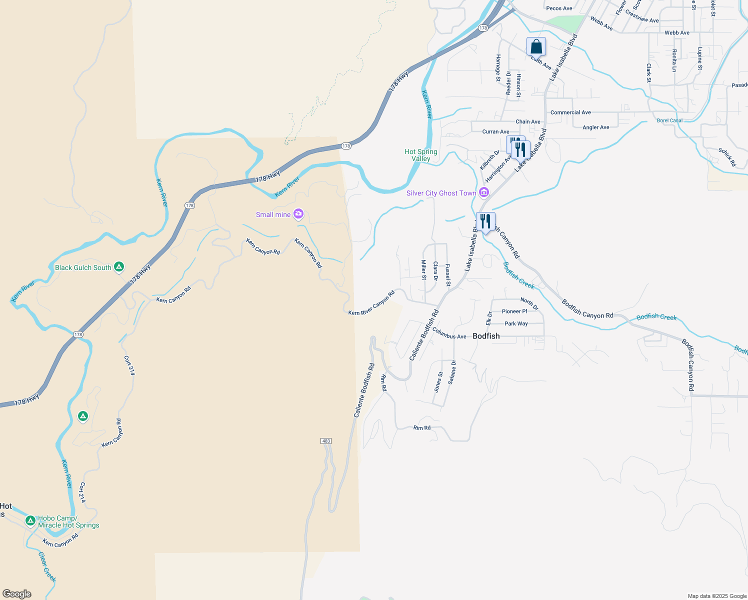 map of restaurants, bars, coffee shops, grocery stores, and more near 2835 Kern River Canyon Road in Bodfish