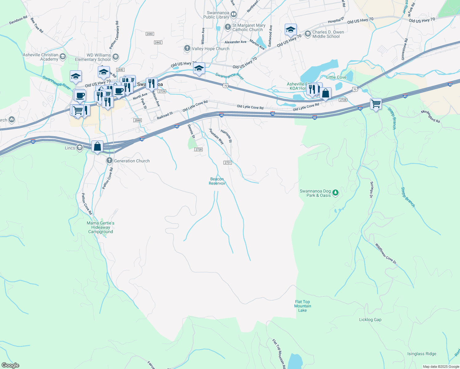map of restaurants, bars, coffee shops, grocery stores, and more near 346 Fountain Way in Swannanoa