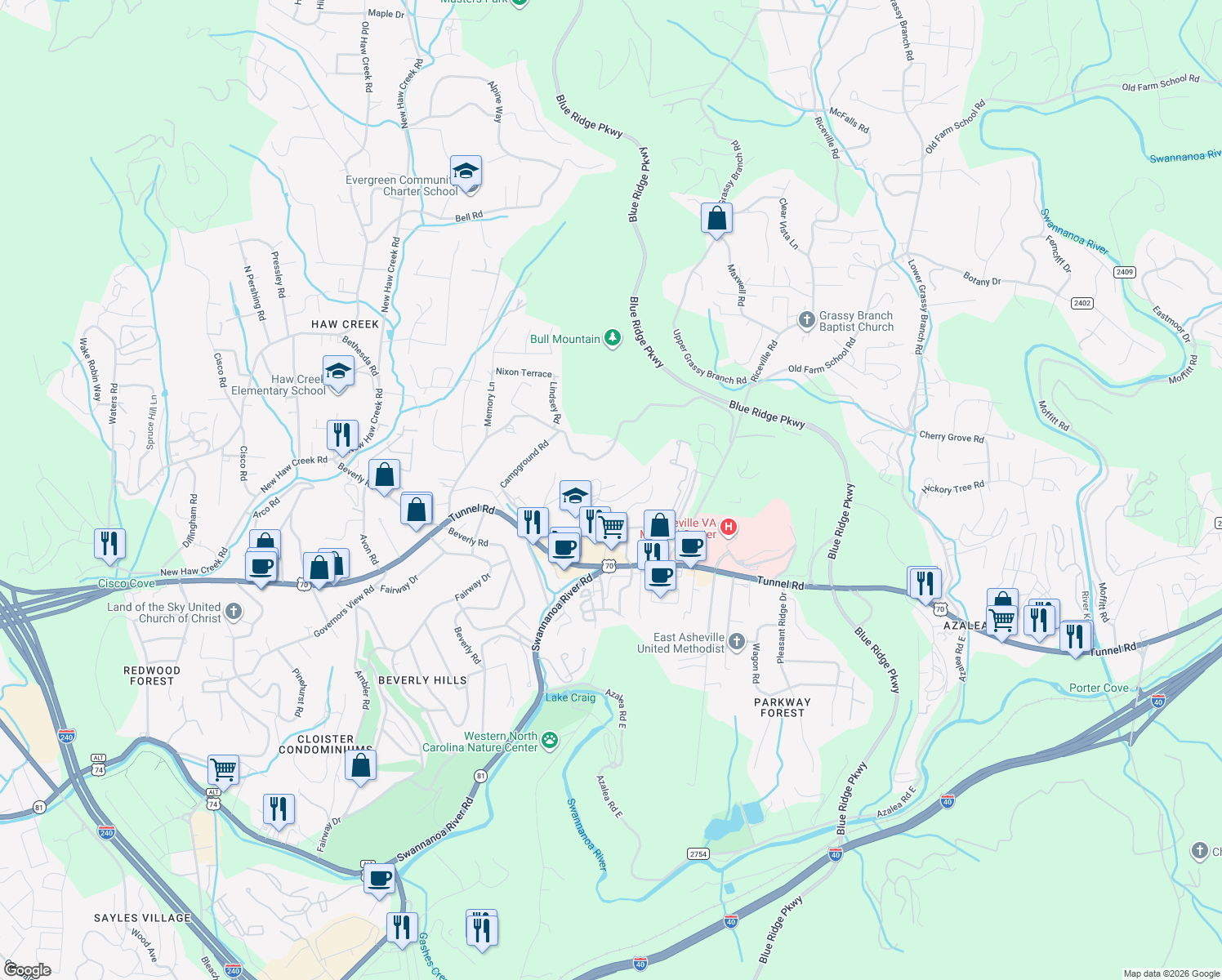 map of restaurants, bars, coffee shops, grocery stores, and more near 76 Maple Springs Road in Asheville