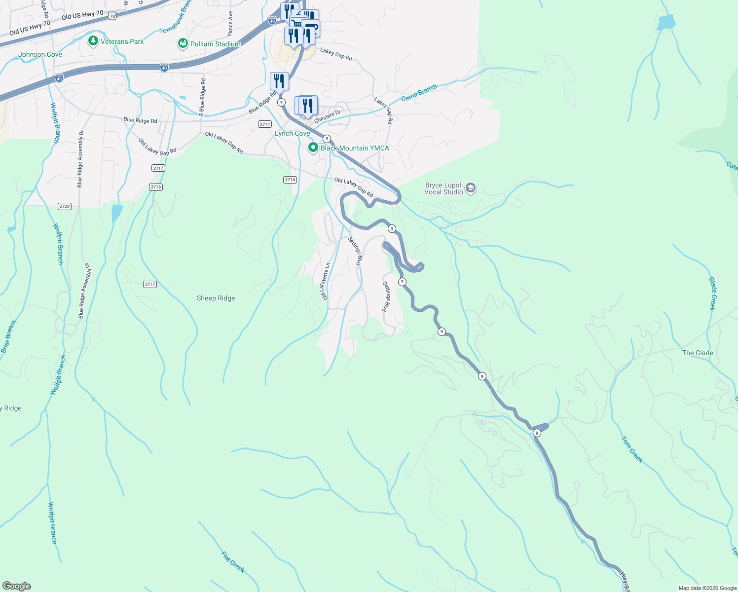 map of restaurants, bars, coffee shops, grocery stores, and more near 56 Settings Boulevard in Black Mountain