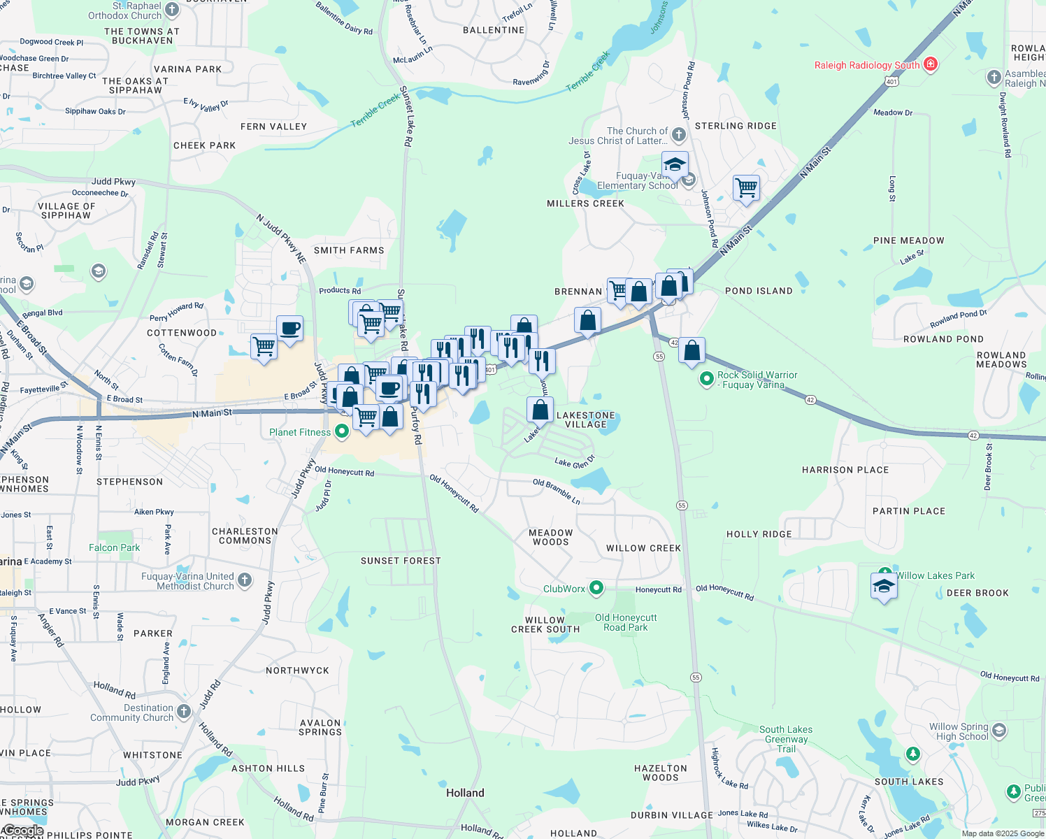 map of restaurants, bars, coffee shops, grocery stores, and more near 1404 Lakestone Village Lane in Fuquay-Varina
