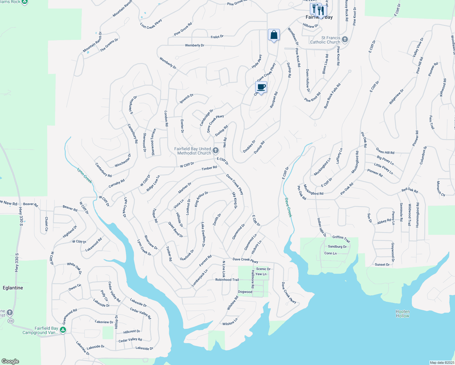 map of restaurants, bars, coffee shops, grocery stores, and more near 113 Sky King Drive in Fairfield Bay