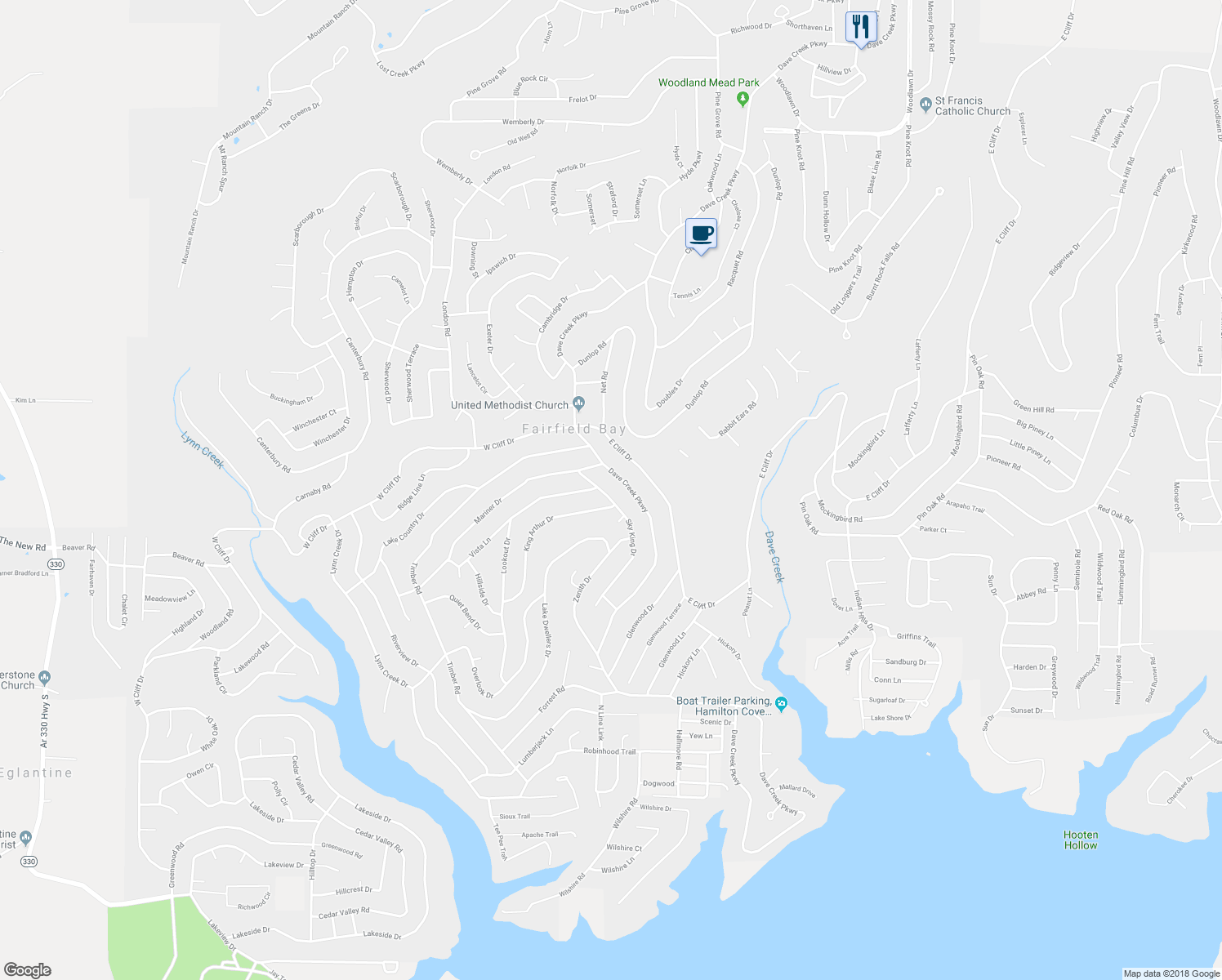 map of restaurants, bars, coffee shops, grocery stores, and more near 113 Sky King Drive in Fairfield Bay