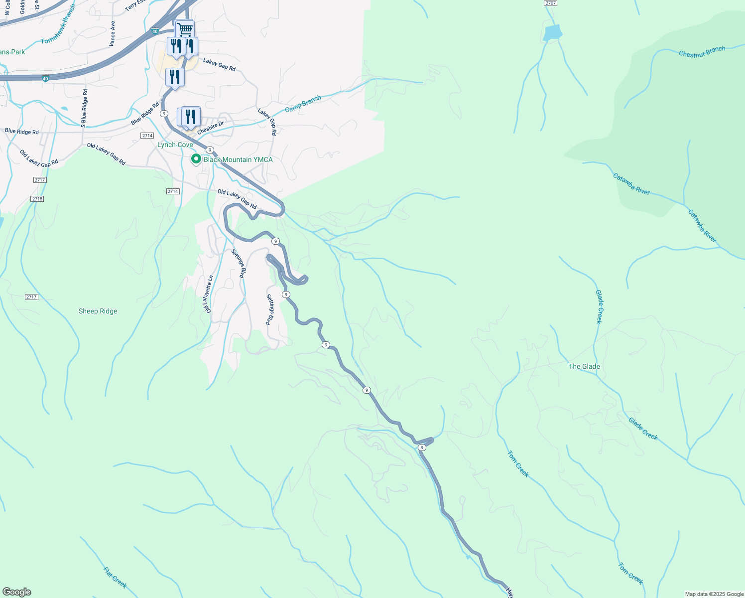 map of restaurants, bars, coffee shops, grocery stores, and more near 200 Tessie Lane in Black Mountain