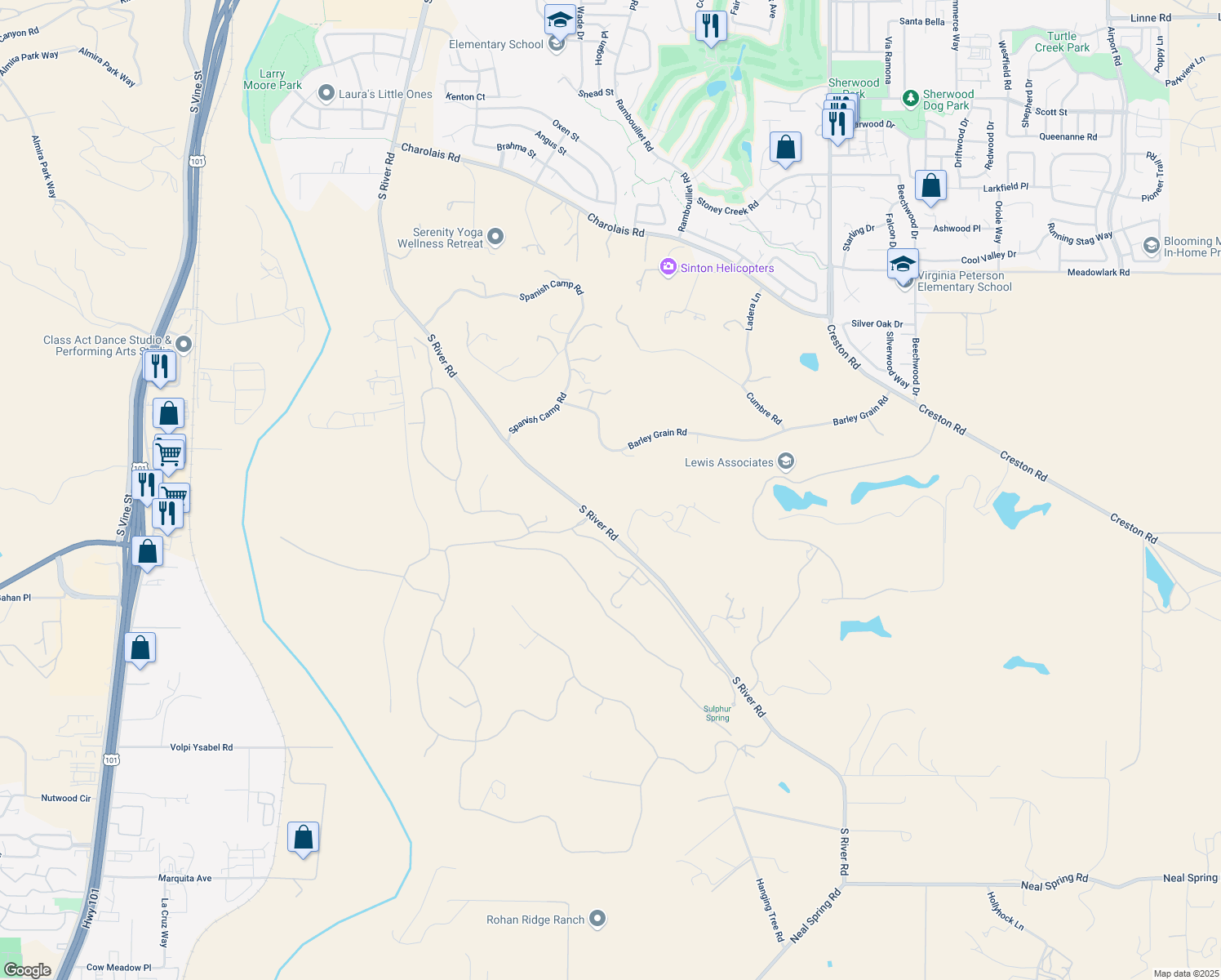 map of restaurants, bars, coffee shops, grocery stores, and more near 1515 Barley Grain Road in Paso Robles