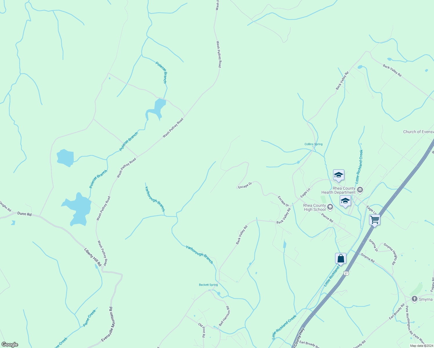 map of restaurants, bars, coffee shops, grocery stores, and more near 145 DuckWood Lane in Evensville