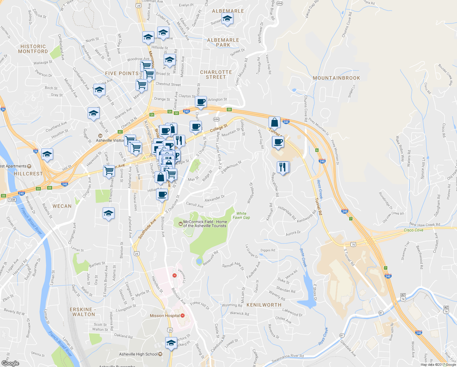 map of restaurants, bars, coffee shops, grocery stores, and more near 10 Alexander Drive in Asheville