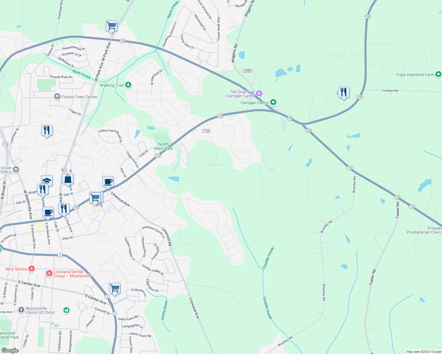 map of restaurants, bars, coffee shops, grocery stores, and more near 108 Moore Farm Lane in Mooresville