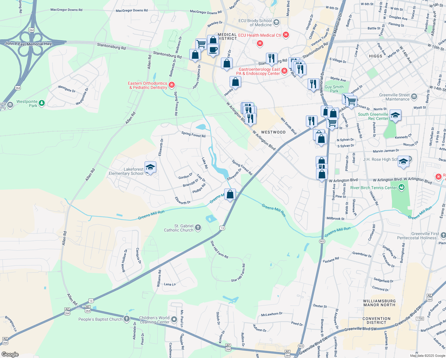 map of restaurants, bars, coffee shops, grocery stores, and more near 2802 Ellsworth Drive in Greenville
