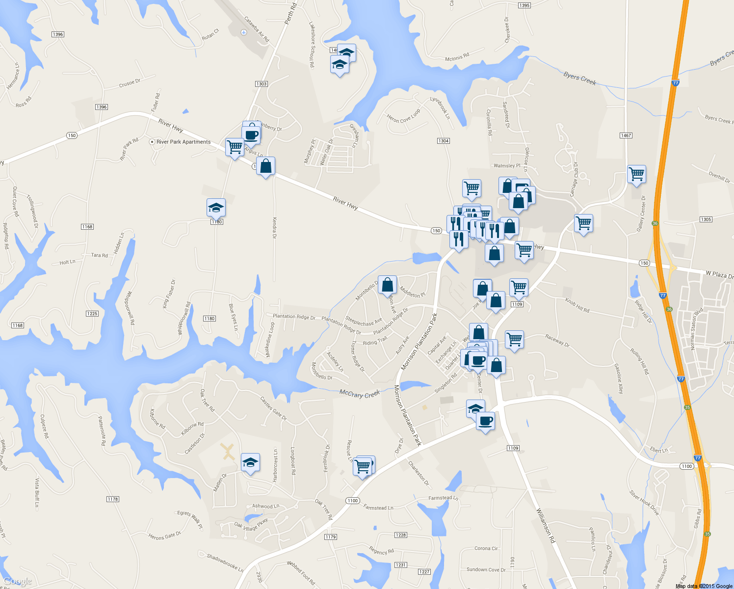 map of restaurants, bars, coffee shops, grocery stores, and more near 203 Montibello Drive in Mooresville