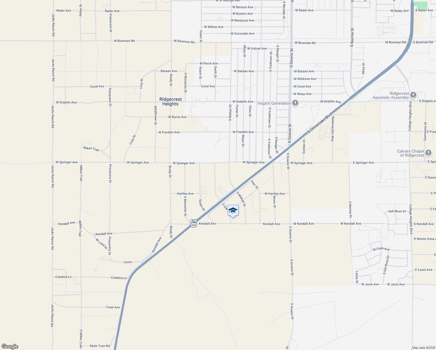 map of restaurants, bars, coffee shops, grocery stores, and more near 1766 South Garth Street in Ridgecrest
