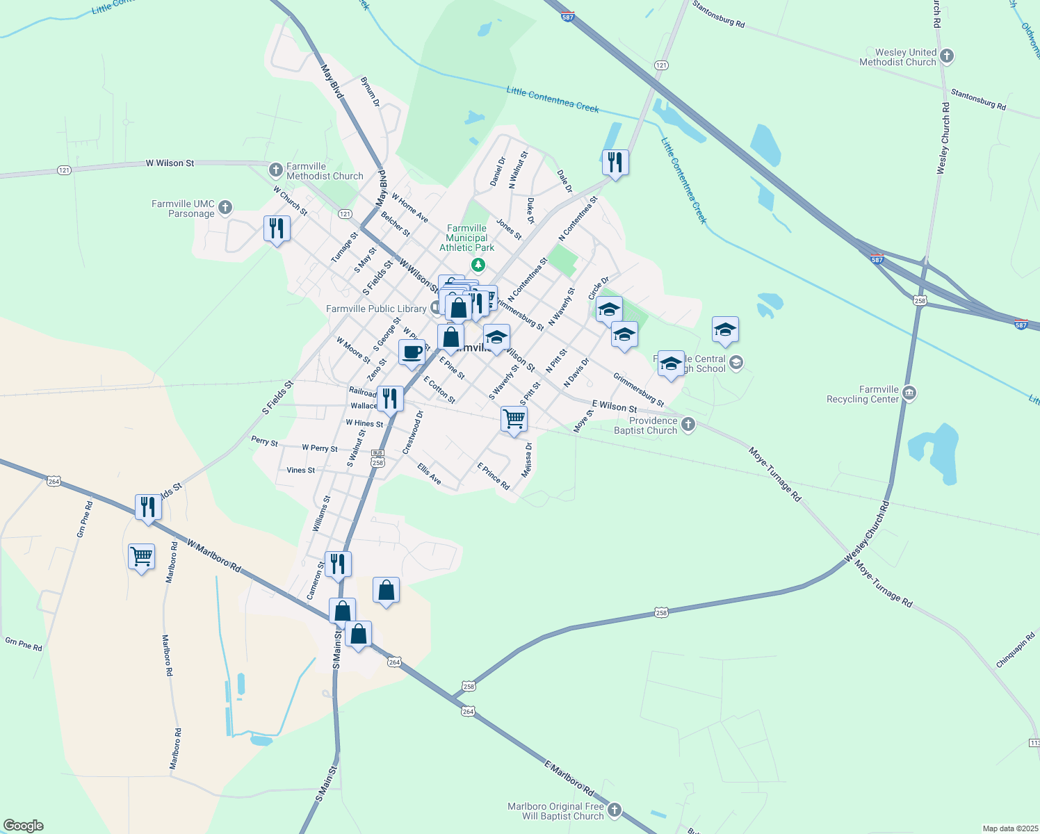 map of restaurants, bars, coffee shops, grocery stores, and more near 3463 South Pitt Street in Farmville
