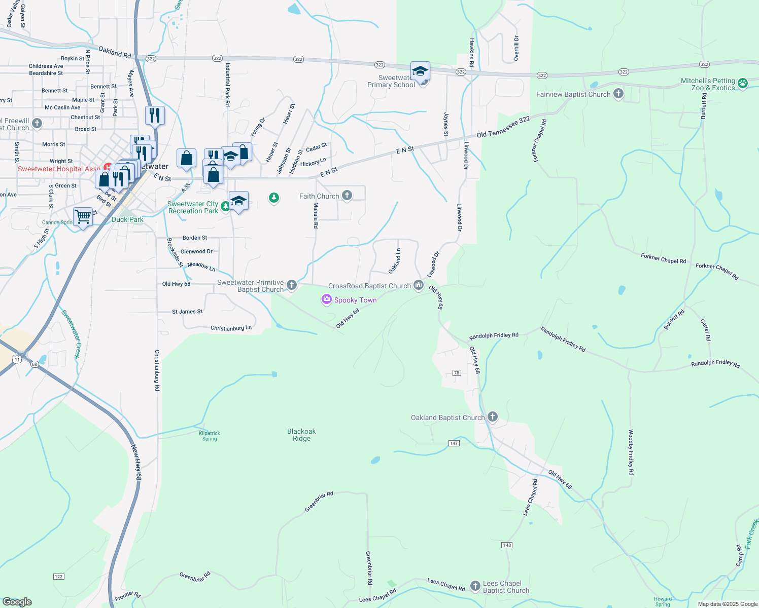map of restaurants, bars, coffee shops, grocery stores, and more near 1056 Old Highway 68 in Sweetwater