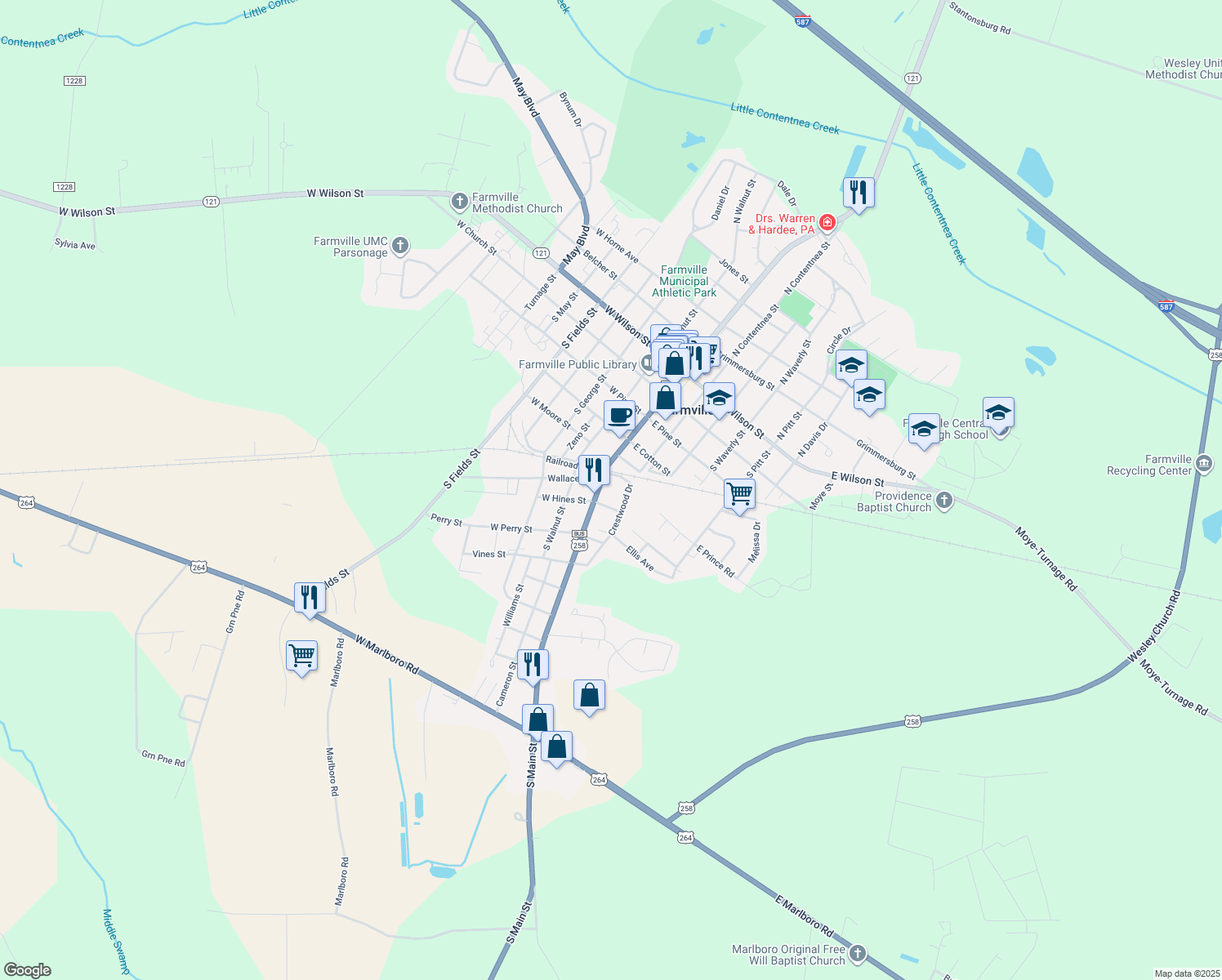 map of restaurants, bars, coffee shops, grocery stores, and more near 3921 S Main St in Farmville
