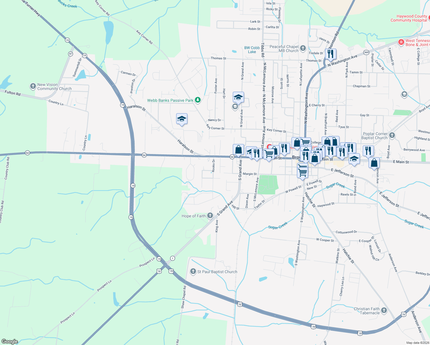 map of restaurants, bars, coffee shops, grocery stores, and more near 126 Rooks Dr in Brownsville