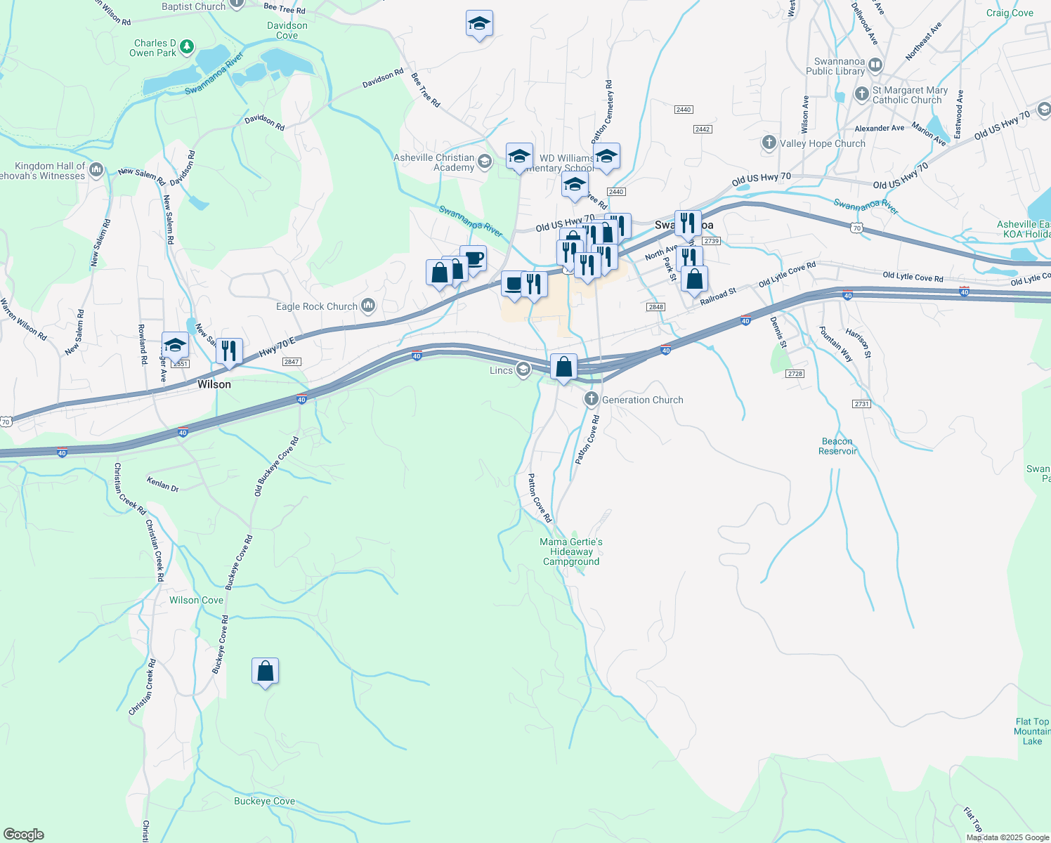 map of restaurants, bars, coffee shops, grocery stores, and more near 17 Kema Road in Swannanoa