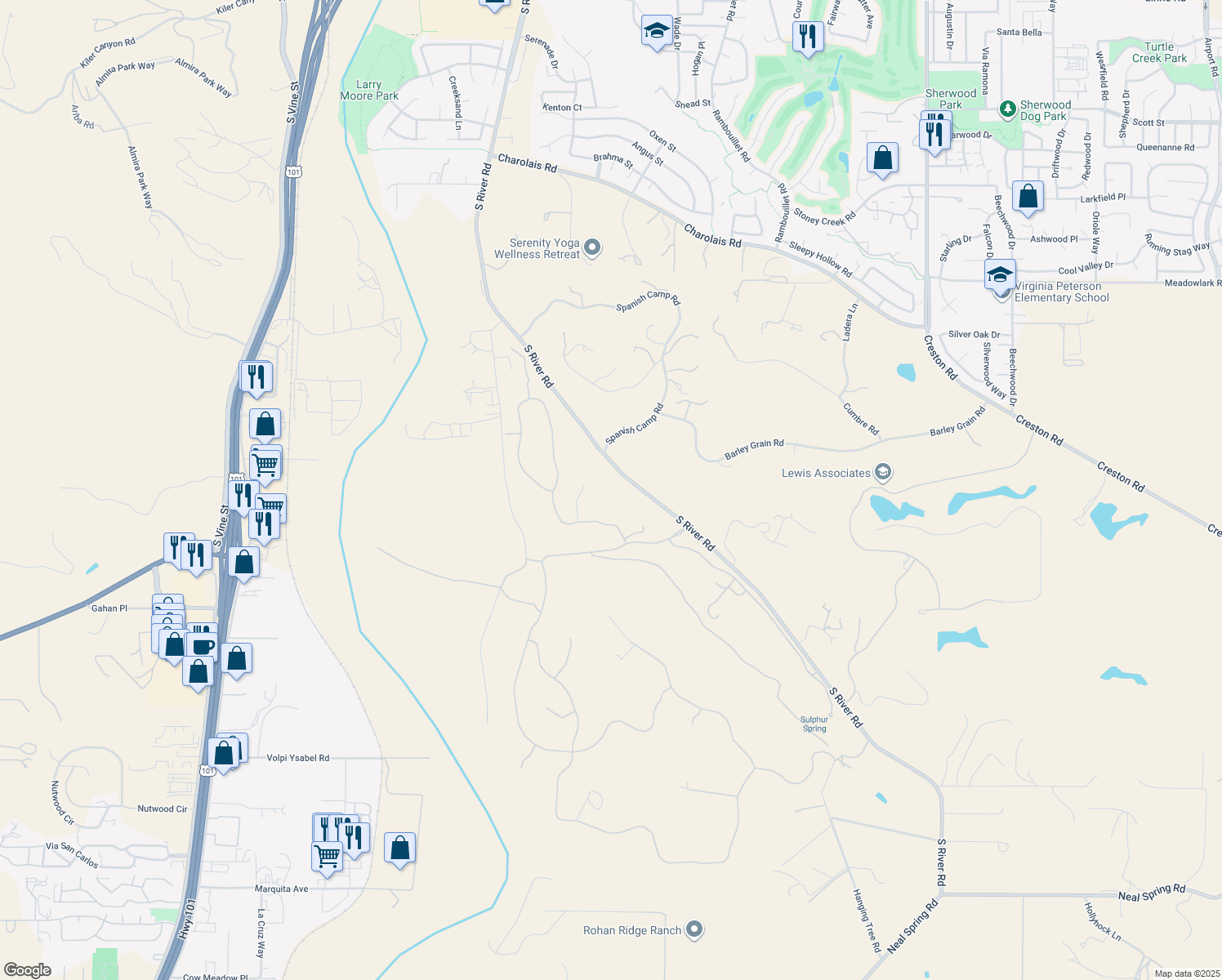 map of restaurants, bars, coffee shops, grocery stores, and more near Fire Rock Loop in Templeton