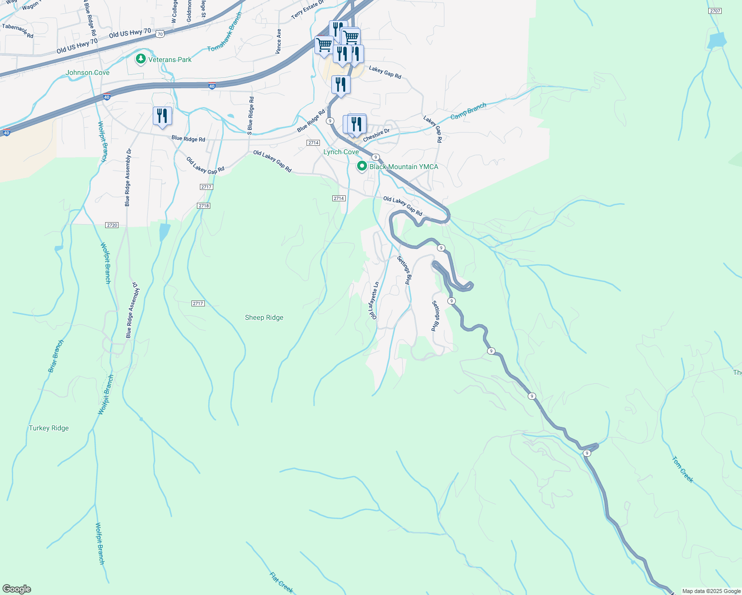 map of restaurants, bars, coffee shops, grocery stores, and more near 53 Old Lafayette Lane in Black Mountain