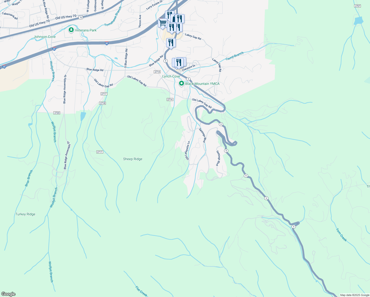 map of restaurants, bars, coffee shops, grocery stores, and more near 53 Old Lafayette Lane in Black Mountain