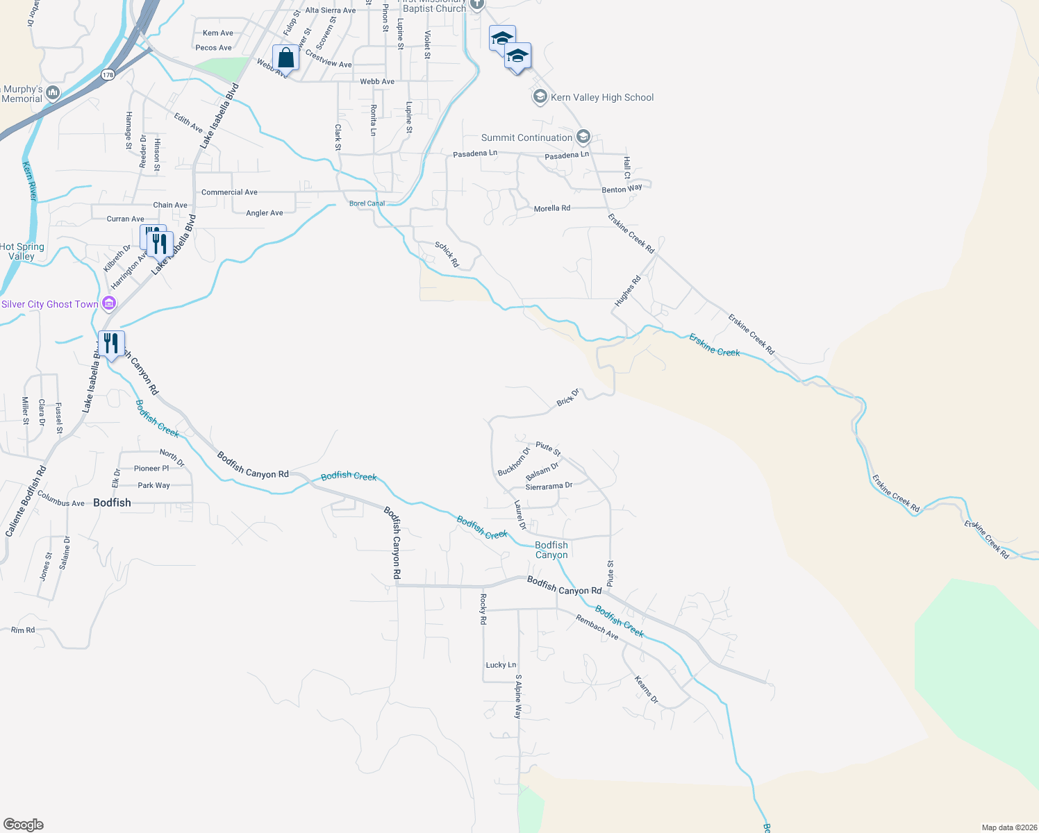 map of restaurants, bars, coffee shops, grocery stores, and more near Brick Drive in Bodfish