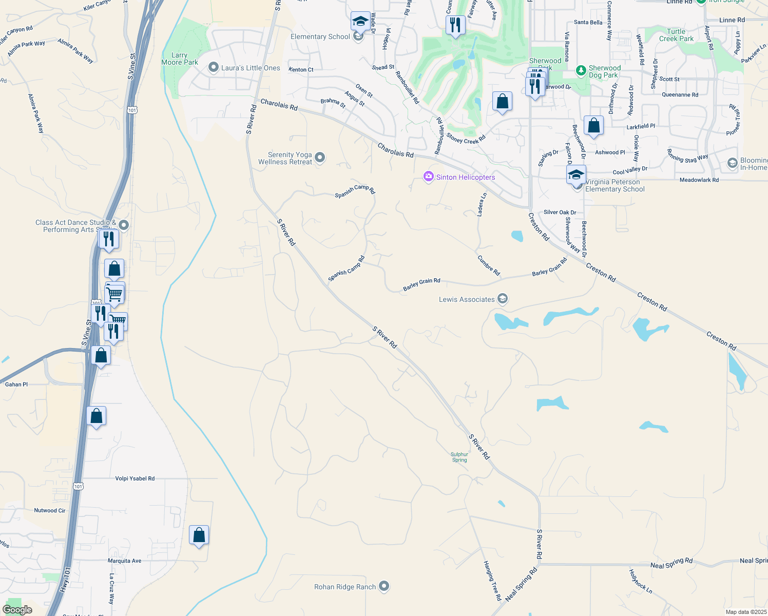 map of restaurants, bars, coffee shops, grocery stores, and more near 1515 Barley Grain Road in Paso Robles