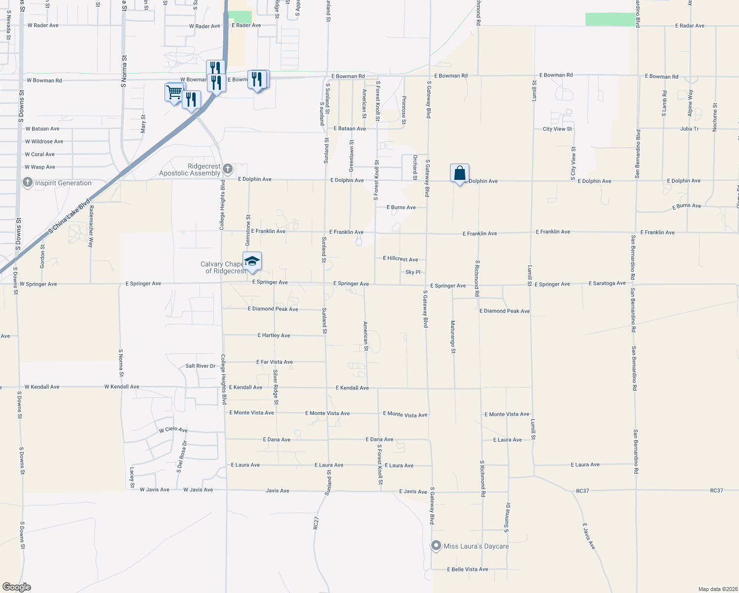 map of restaurants, bars, coffee shops, grocery stores, and more near 647 East Springer Avenue in Ridgecrest