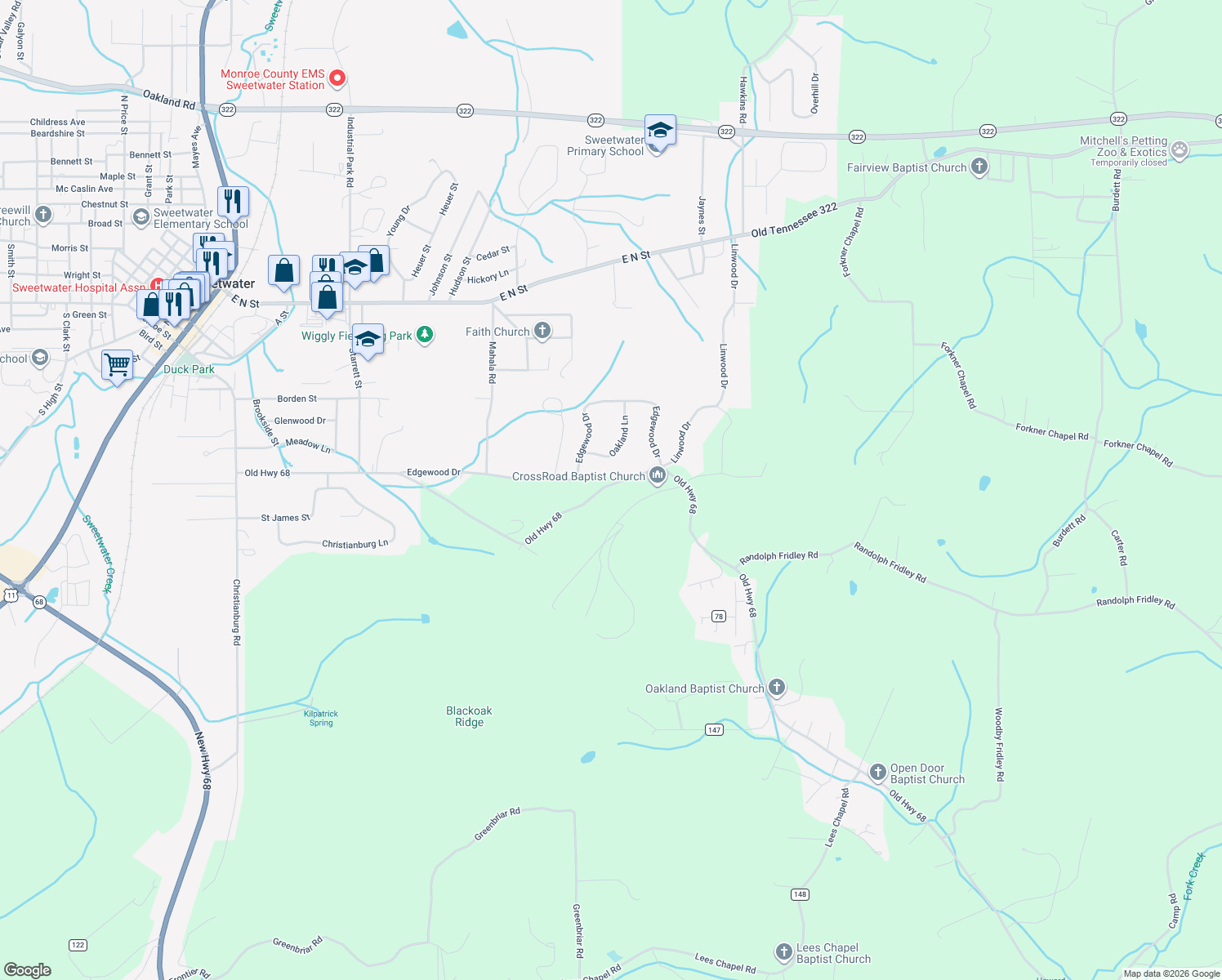 map of restaurants, bars, coffee shops, grocery stores, and more near 1056 Old Highway 68 in Sweetwater