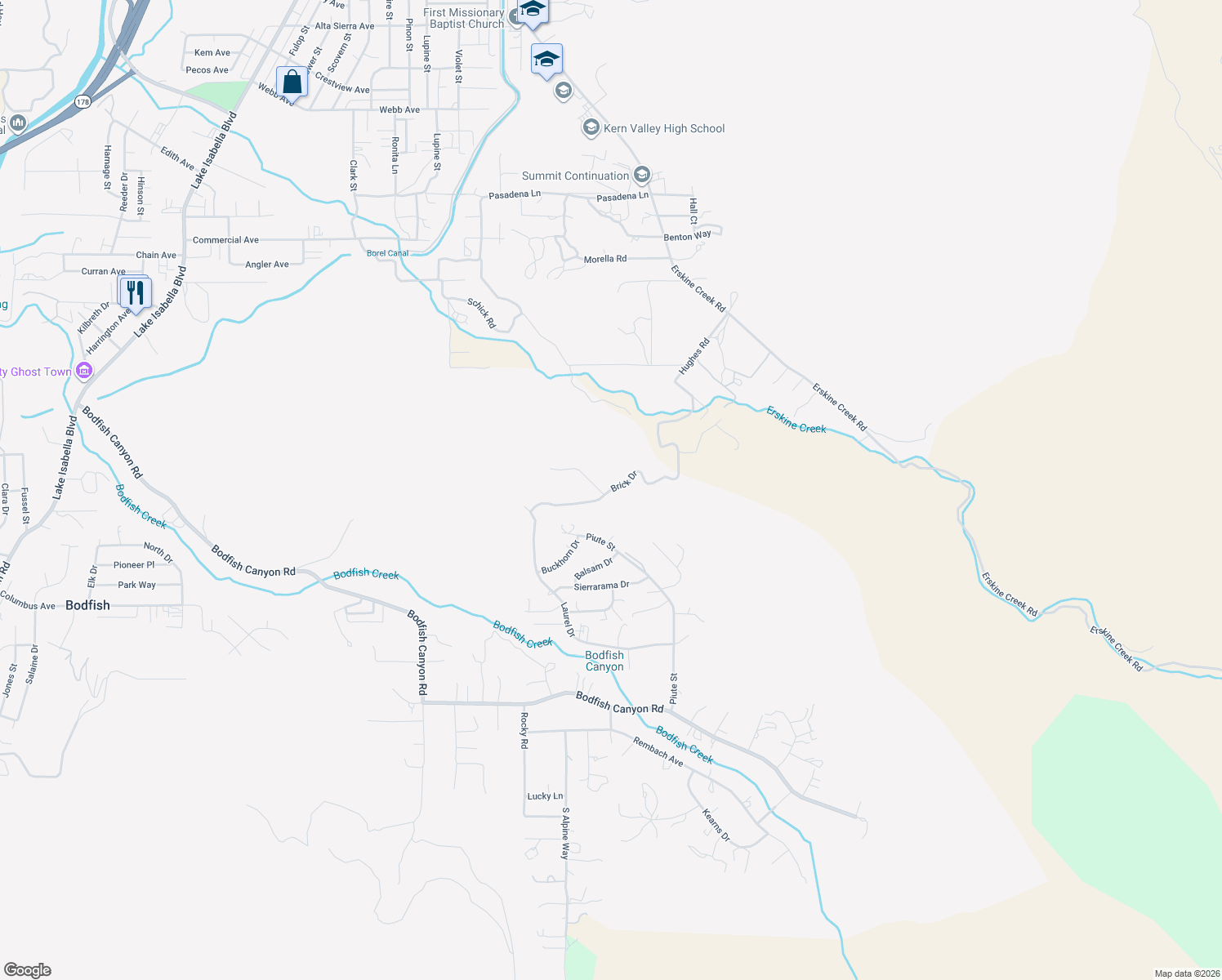 map of restaurants, bars, coffee shops, grocery stores, and more near Brick Drive in Bodfish