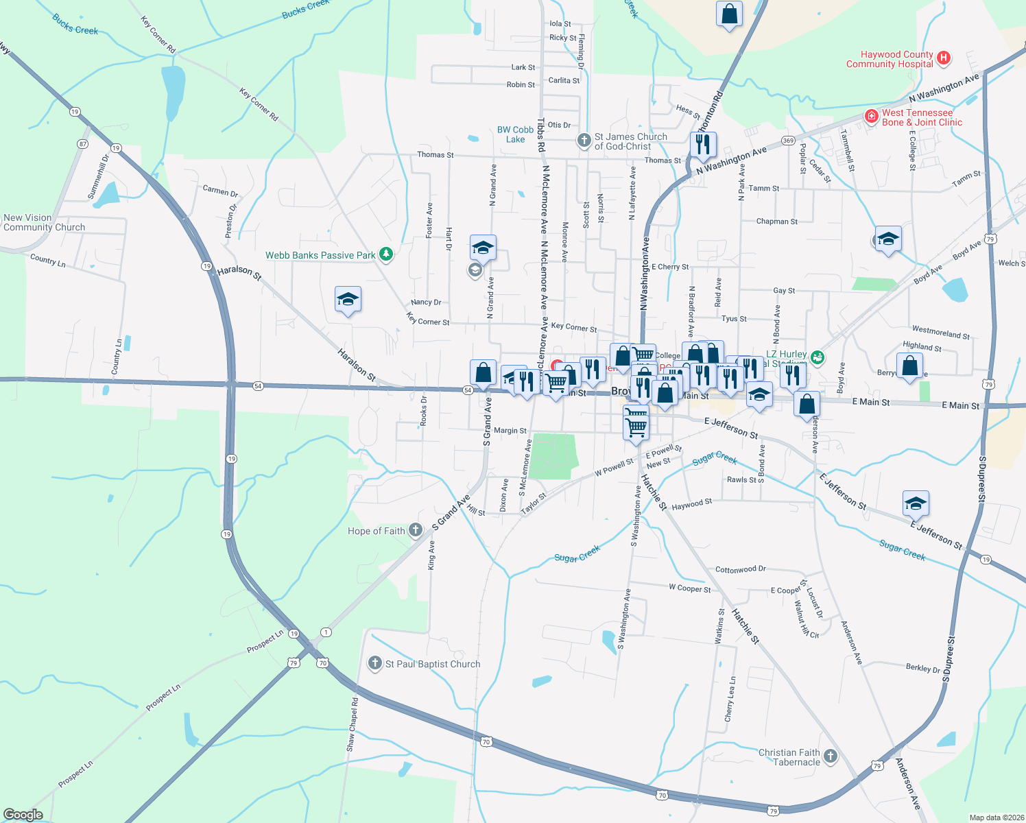 map of restaurants, bars, coffee shops, grocery stores, and more near 620 West Main Street in Brownsville