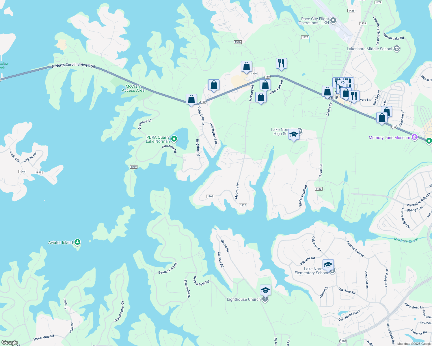 map of restaurants, bars, coffee shops, grocery stores, and more near 373 Riverwood Road in Mooresville