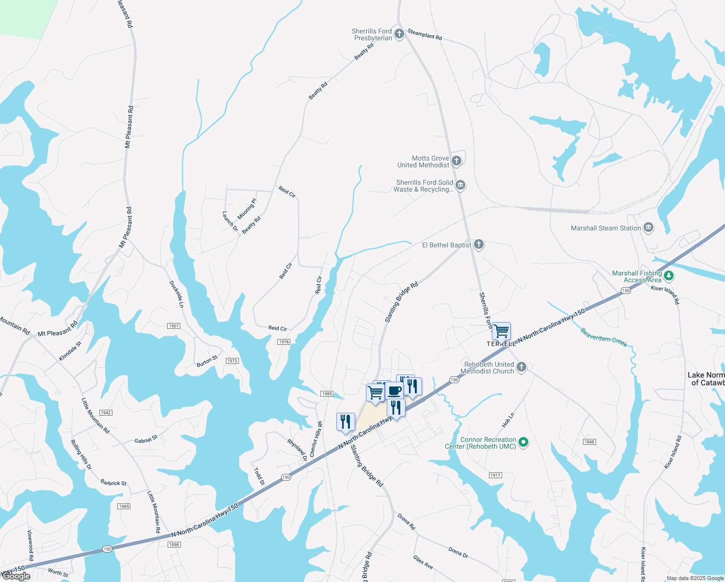 map of restaurants, bars, coffee shops, grocery stores, and more near 7838 Adeline Lane in Sherrills Ford