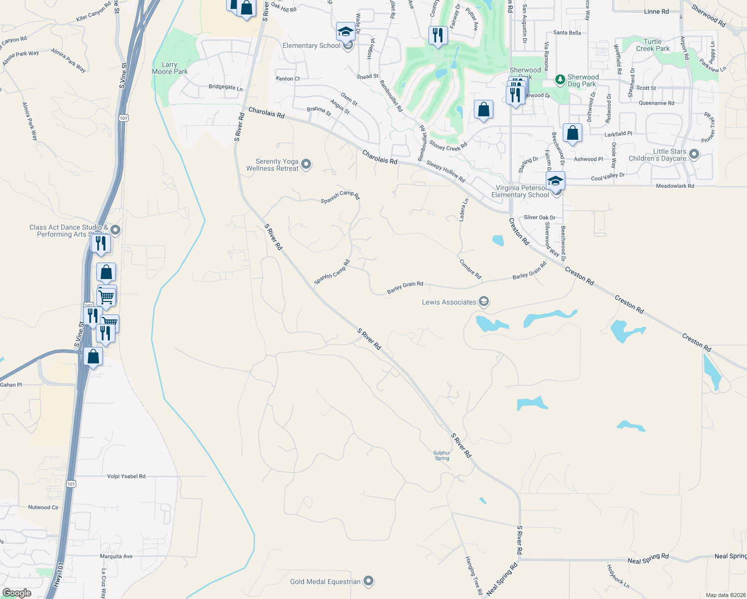 map of restaurants, bars, coffee shops, grocery stores, and more near 1505 Barley Grain Road in Paso Robles