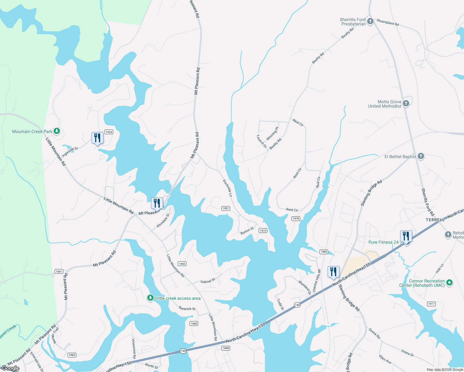 map of restaurants, bars, coffee shops, grocery stores, and more near 3612 Dockside Lane in Sherrills Ford