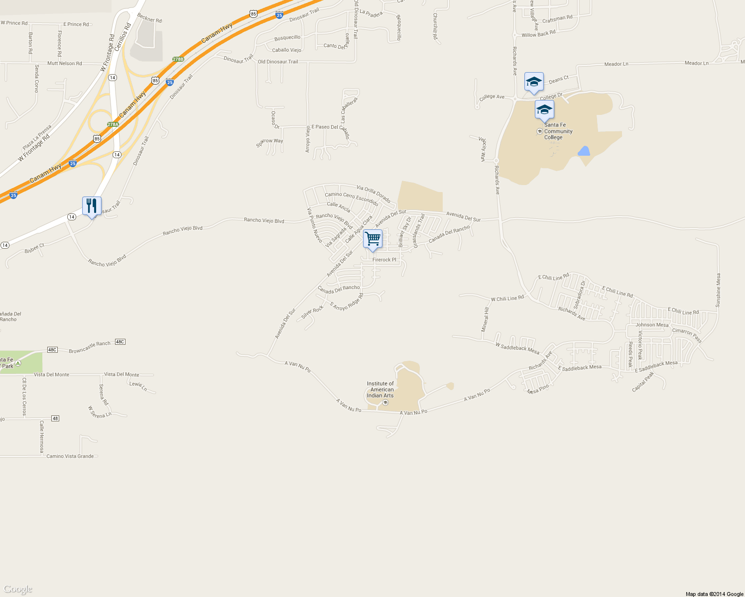 map of restaurants, bars, coffee shops, grocery stores, and more near 2 Rocky Slope Drive in Santa Fe
