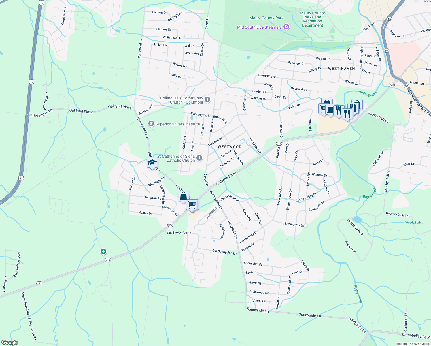 map of restaurants, bars, coffee shops, grocery stores, and more near 4023 Sheddan Drive in Columbia