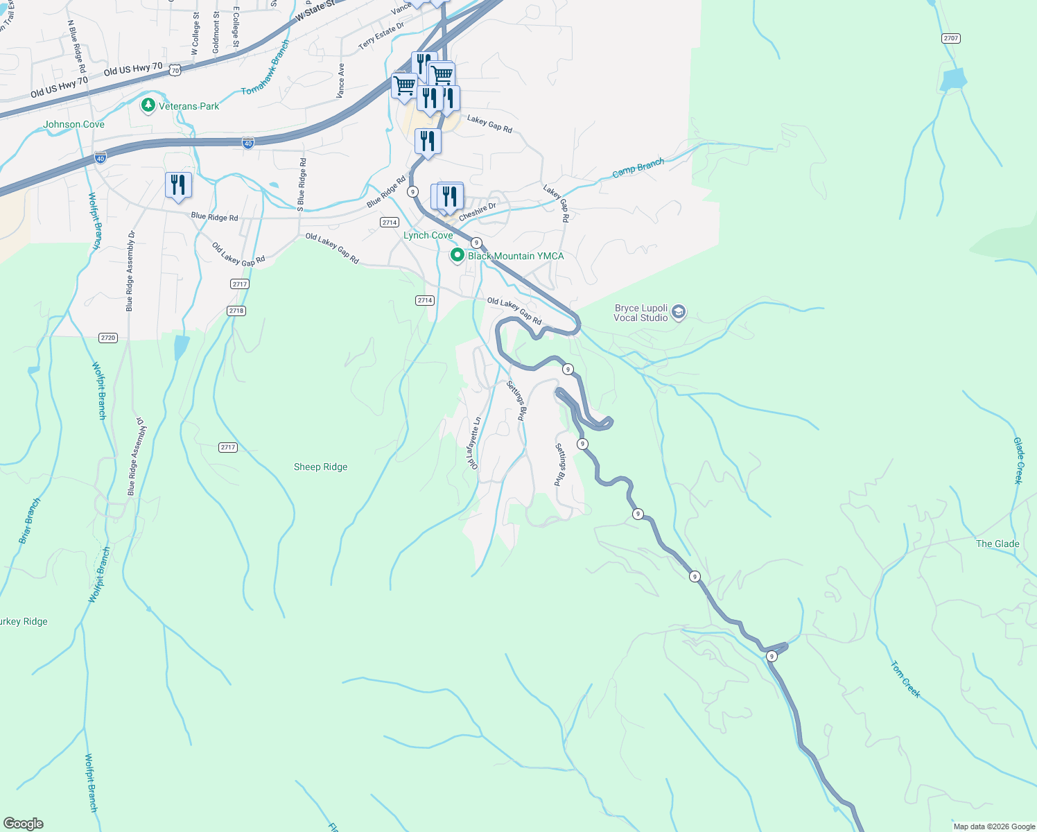 map of restaurants, bars, coffee shops, grocery stores, and more near 40 Settings Boulevard in Black Mountain