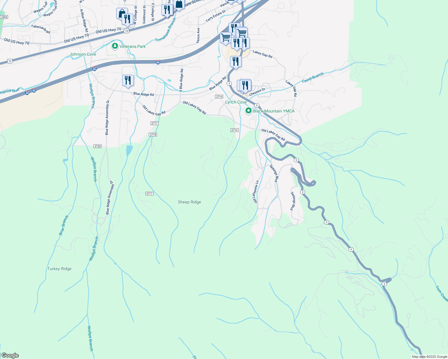 map of restaurants, bars, coffee shops, grocery stores, and more near 222 Holland Drive in Black Mountain