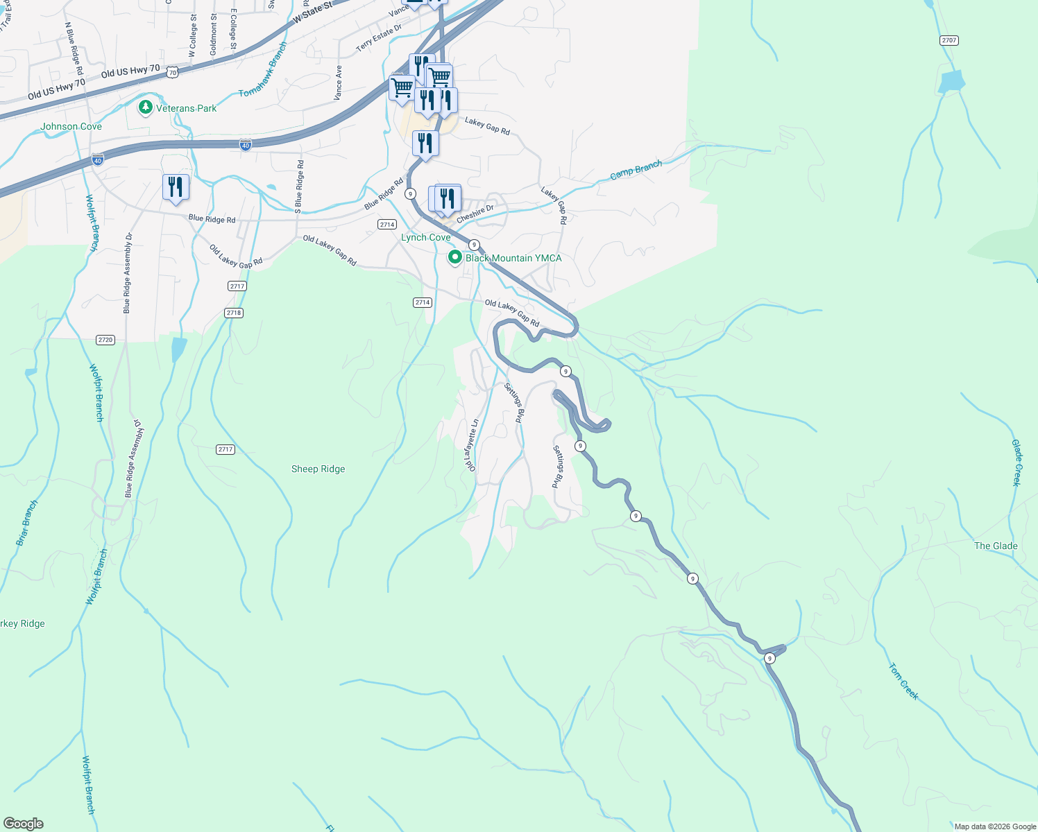 map of restaurants, bars, coffee shops, grocery stores, and more near 40 Settings Boulevard in Black Mountain